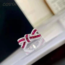 

COSYA 100% 925 Sterling Silver Ruby Bowknot Temparament High Carbon Diamond Ring For Women Wedding Engagement Party Fine Jewelry