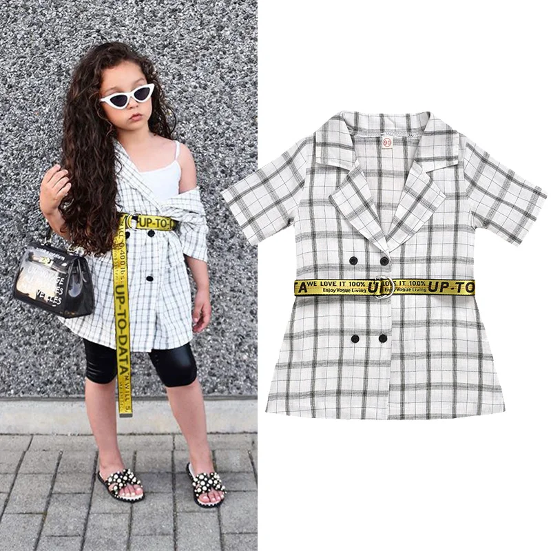 

2-7Y Summer Girl Clothes Outfits Girls Jacket Coat Plaid Shirt Thin Cardigan Suit Collar Jacket +Letter Belt 2pcs Fashion Sets