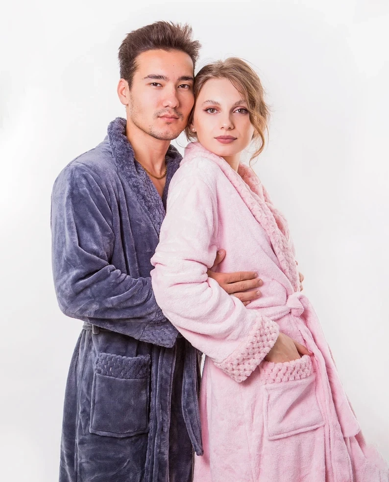 Couple Long Plush Bathrobes His And Hers Robes Customized Robes Wedding Gift Couple Personalized Robe-New Bathrobe Dressing Gown cotton pajamas for men