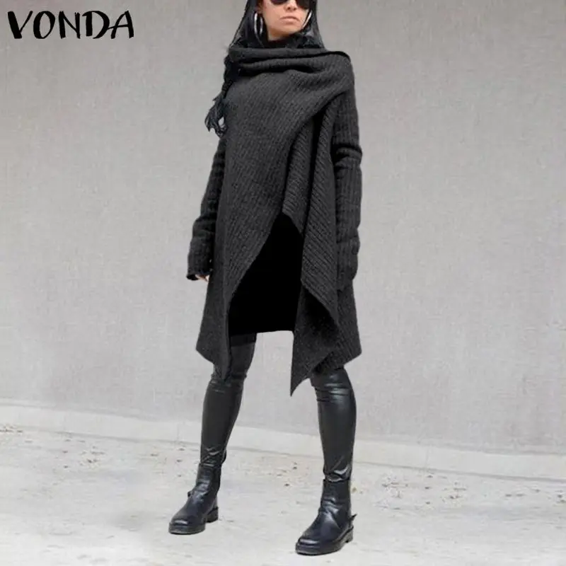 

VONDA Women's Blouse 2019 Autumn Winter Coats Female Turtleneck Knitting Sweater Cardigan Casual Sweatshirt Shirts Plus Size