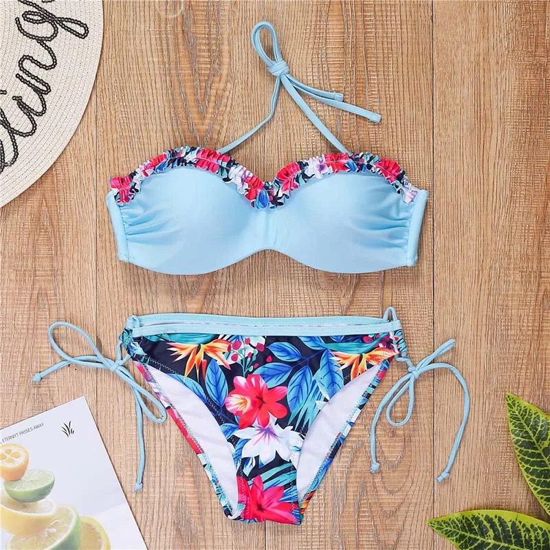 

Blue Print Push Up Bra Swimsuit Brazilian Bandage Halter Swimwear Low Waist Thong Bikini Set 2020 Sexy Swimming Suit Biquinis