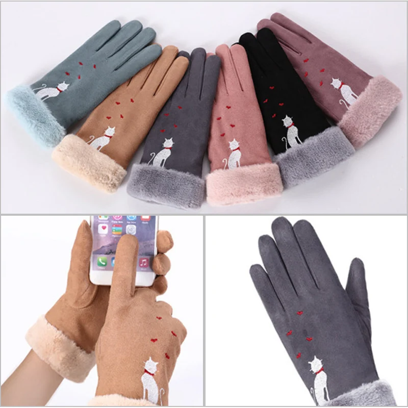Sparsil женские замшевые перчатки с сенсорным экраном, зимние двухслойные меховые варежки, теплые модные перчатки с вышивкой в виде снежинки для улицы