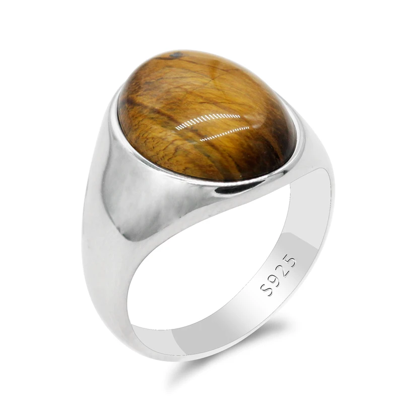 

Tiger Eyes Stone Ring for Men 925 Sterling Silver Big Natural GemStone Vintage Simple Men's Ring Turkey Jewelry to Male Women