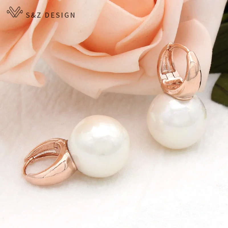 S&Z DESIGN New Fashion Fine Round Imitation Pearl Dangle Earrings For Women 585 Rose Gold Color Wedding Jewelry