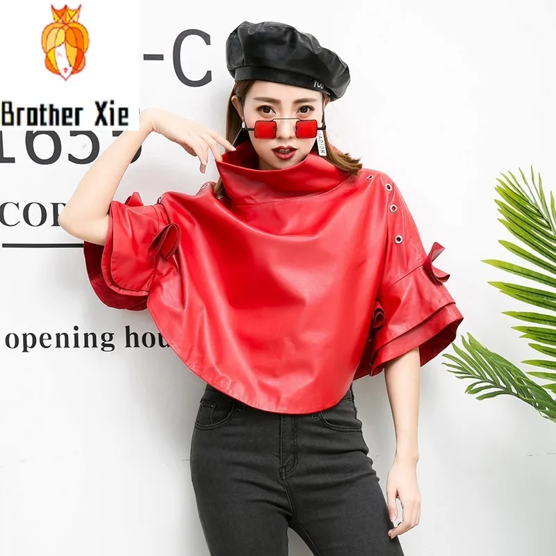 

2020 New Spring Womens Short Jacket Korean Batwing Sleeve Genuine Leather Coats Loose Fit Streetwear Cape Coat Plus Size S-4XL