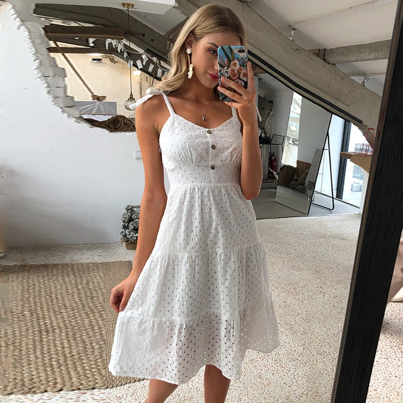 Simplee Casual white women summer beach dress Bow-knot shoulder embroidery hollow out female midi dress backless dress vestidos