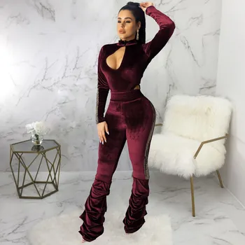 

Women Sexy Fashion Korean Velvet Sports Front And Back Wear Jumpsuit Bodycon Female Full Length elastic fitness Bodysuit