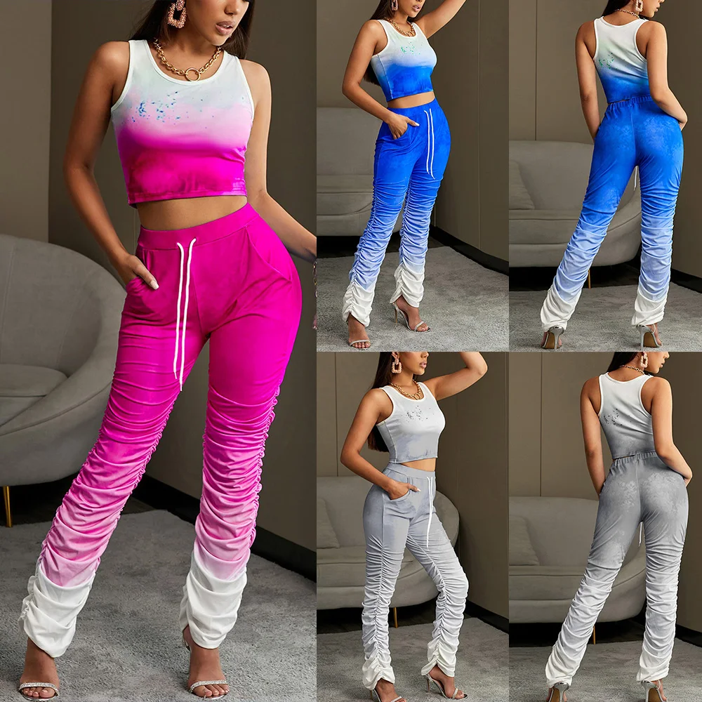 

Two Piece Set Gradient Tracksuit Women Crop Top Ruched Pants Stacked Joggers Bell Bottom Trouser Sleeveless Summer Matching Sets