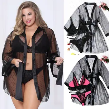 

Plus Size Women Pajama Set Sexy Underwear Femenina Lingerie Sleepwear Transparent Mujer Lace Nightwear Bras+Panties+Robe 3XL-5XL