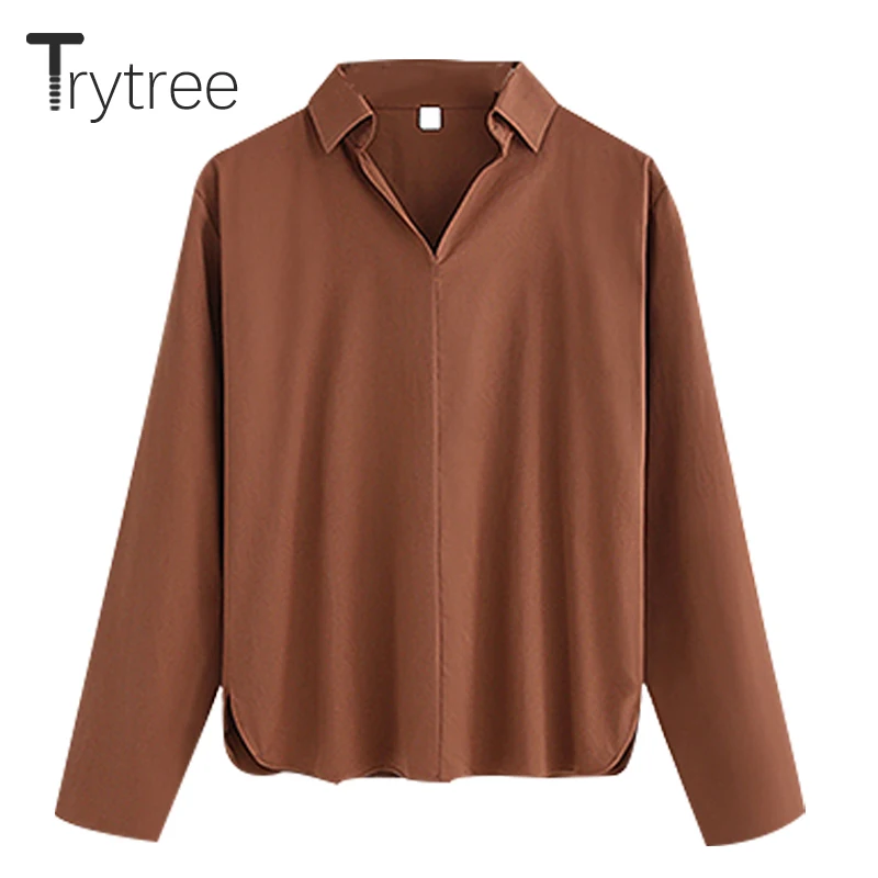 

Trytree 2019 Autumn Women Blouse Casual Solid Turn-down Collar Tops Shirts Long Sleeve Office Lady All-Purpose Style Blouses