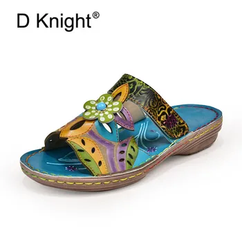 

New 2020 Summer Handmade Women Slippers Floral Shoes Retro Genuine Leather Ladies Platform Slippers Bohemian Sandals Shoes Woman