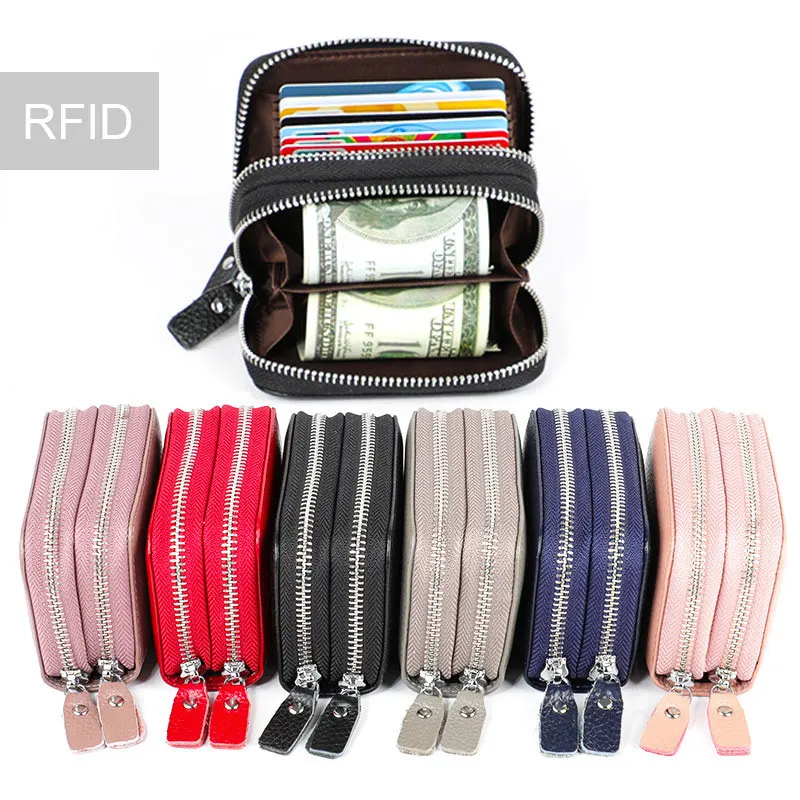 Cena Oryginalne skórzane etui na karty RFID o dużej pojemności identyfikator firmy wołowej etui na karty kredytowe podwójny zamek błyskawiczny moneta kiesa portfel