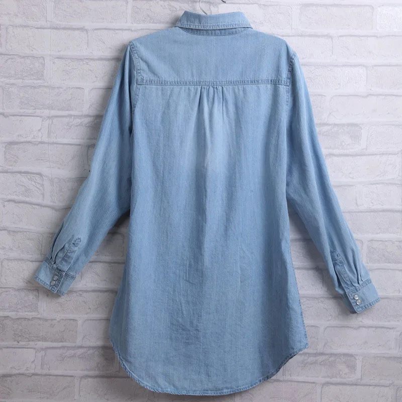Long Loose Cotton Denim Women Blouses 