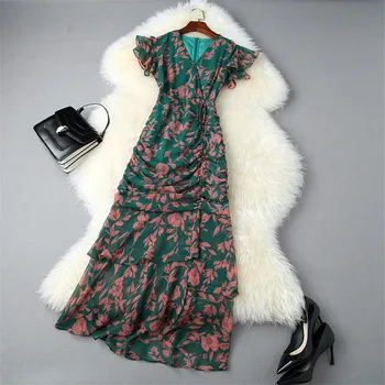 

New Fashion Summer Dresses for Women 2020 Designers Butterfly Sleeve Floral Print Slim Midi Holiday Chiffon Dresses Green