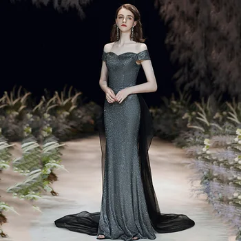 

Off Shoulder Female Sexy Evening Party Dress Beads Sequing Trailing Mesh Gown Cheongsam Slash Neck Maxi Dress For Young Lady