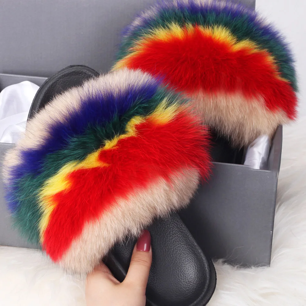 2021 Hot Sale Women Real Fox Fur Slippers Multi-color Summer Fashion Slides Casual Female Furry Shoes