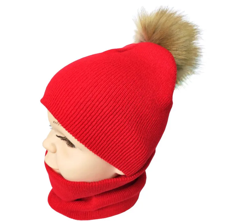 Модная детская шапка с шарик-помпон, осенне-зимние детские шапочки для девочек, шапка с шарфом для мальчиков, шапочки для малышей 1-4 лет - Цвет: red set with a ball