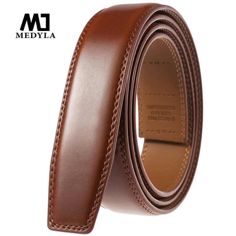 

MEDYLA fashion brown men's belt without buckle natural cowhide without interlayer hard metal automatic buckle men business belt