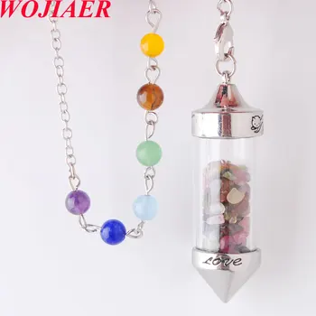 

7 Chakra Wishing Bottle Pendulum Reiki Natural Tourmaline Chip Stone Pendant Necklace for Women Divination Amulet WOJIAER PN8132