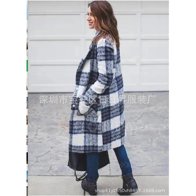 Новая мода плюс размер зима осень кашемировая шерсть Длинные клетчатые пальто для женщин