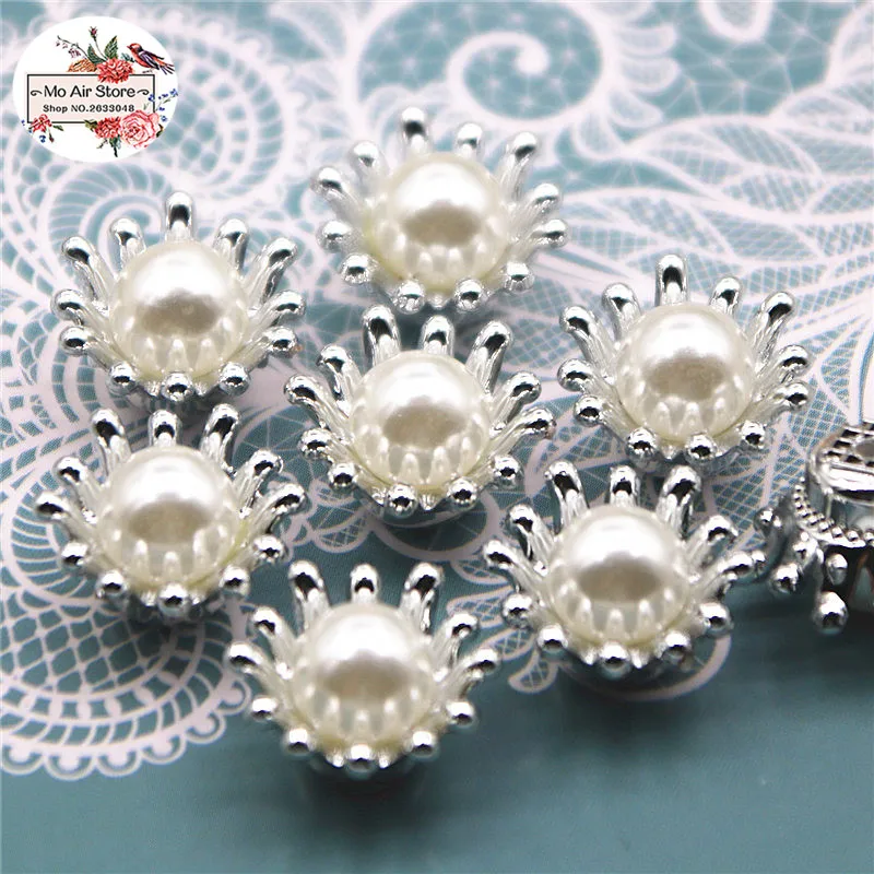 50pcs 15mm 황금/실버 라인 석/진주 꽃 플라스틱 플랫 백 버튼 장식 공예 스크랩북 액세서리
