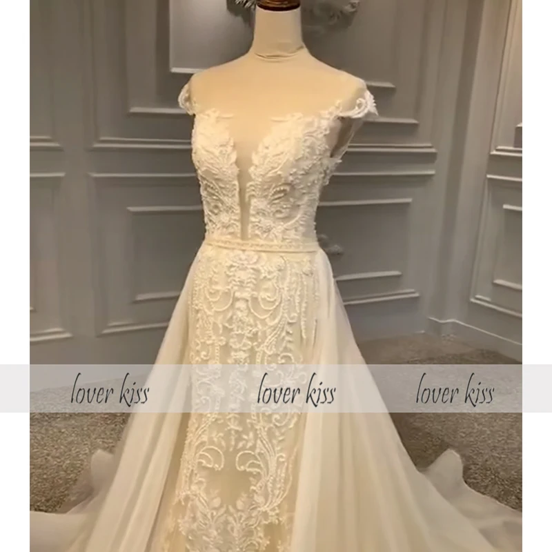 Lover Kiss vestido de novia 2 шт. свадебное платье с жемчугом со съемной юбкой с короткими рукавами 2 в 1 кружевные свадебные платья Реальные фотографии