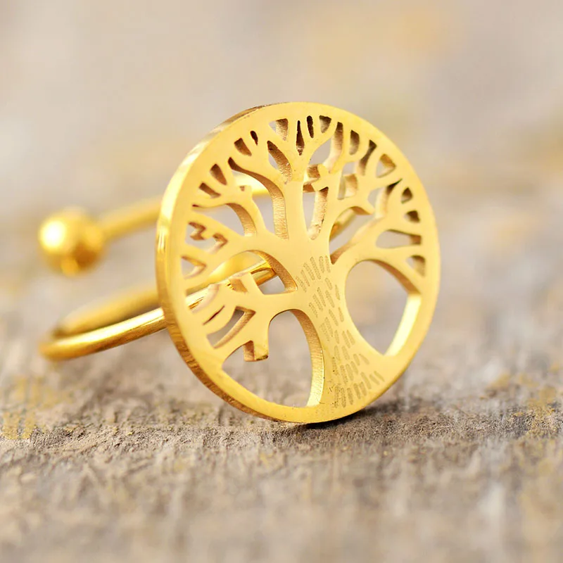 Simple Fashion Adjustable Finger Rings Gold Color Tree Charm Teengirl Women Cocktail Stainless Steel Ring Jewelry - Image 3