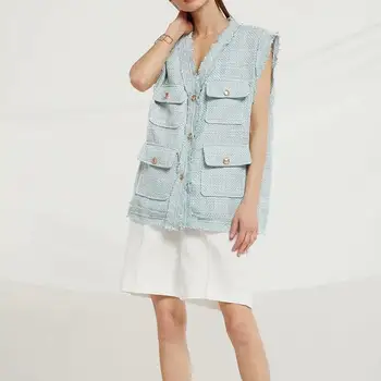 

2019 Fall Women Solid Pockets Tweed Vest Button Elegant Frayed Single Breasted Jacket V Neck Sleeveless Vest