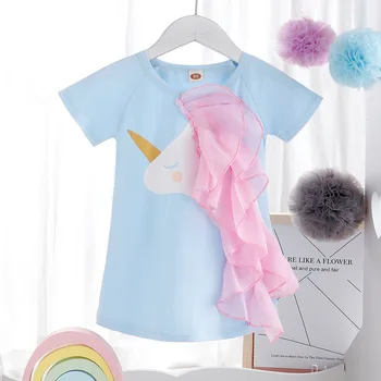 

summer short sleeve dresses cartoon unicorn chiffon tassels ruffles cute girls princess dress cotton vestidos 9M to 6 yrs 998B