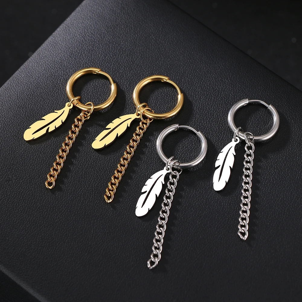Stainless Steel Earrings Fashion Unisex Punk Gothic Feather Chain Hip Hop Pendant Earrings Women Jewelry Gifts
