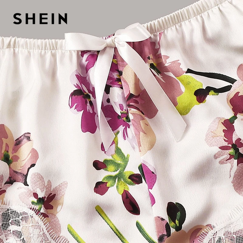 SHEIN многоцветный цветочный кружевной бюстгальтер без косточек с атласными шортами и поясом набор халатов женская пижама Сексуальное нижнее белье наборы