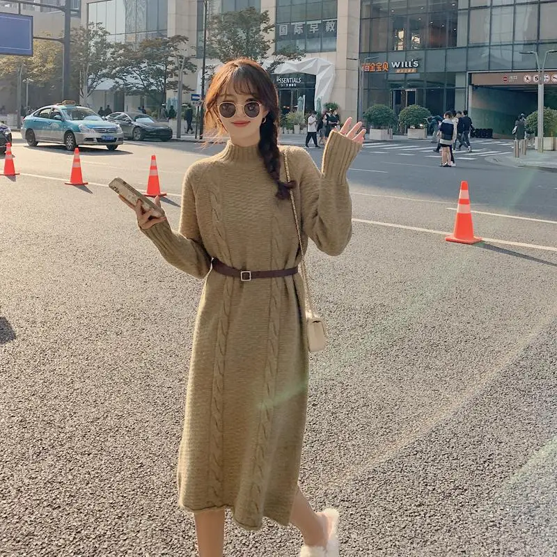 Han edition dress pure color will thicken new winter half a turtle neck twist cultivate one's morality render knitted dress
