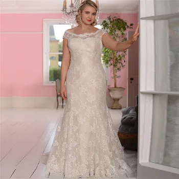 

Modest Scoop Short Sleeves Lace Mermaid Wedding Dress Lace Up Corset Plus Size Bridal Gowns Natural Slim Trumpet Bride Dress