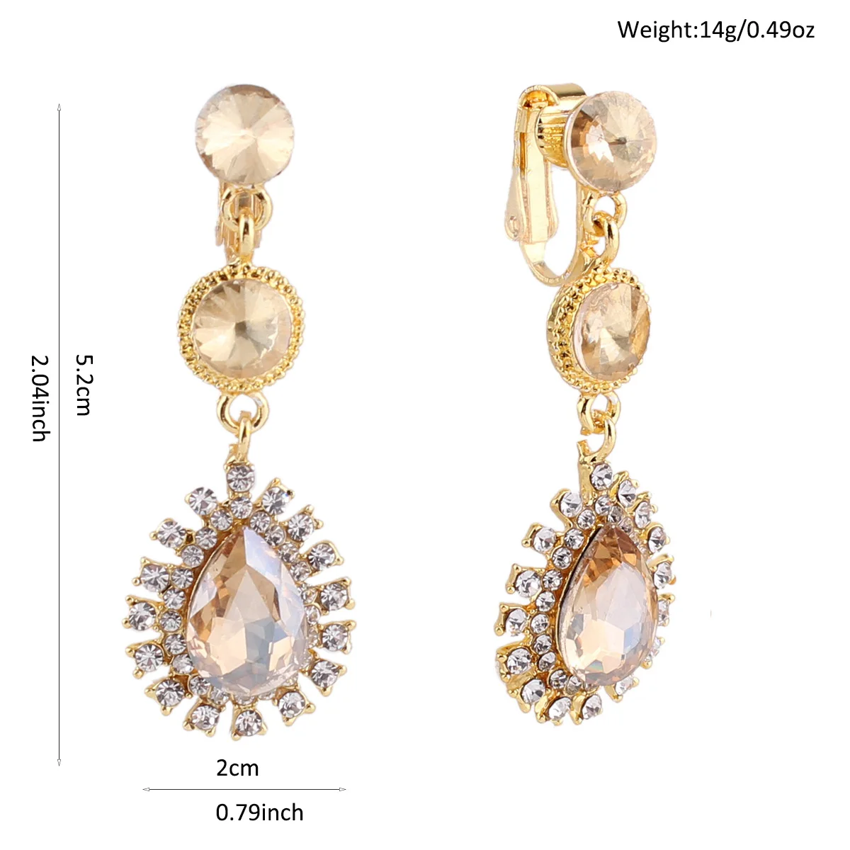 12 Colors High-grade Rhinestone Crystal Tear Drop Shape Clip on Earrings No Pierced for Women Wedding No Hole Ear Clip
