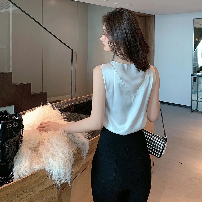 Silk Tops for Women Satin Mesh Tank Tops for Women Sexy Woman V-neck Basic White Top Plus Size Woman Sleeveless Silk Tank Top OL