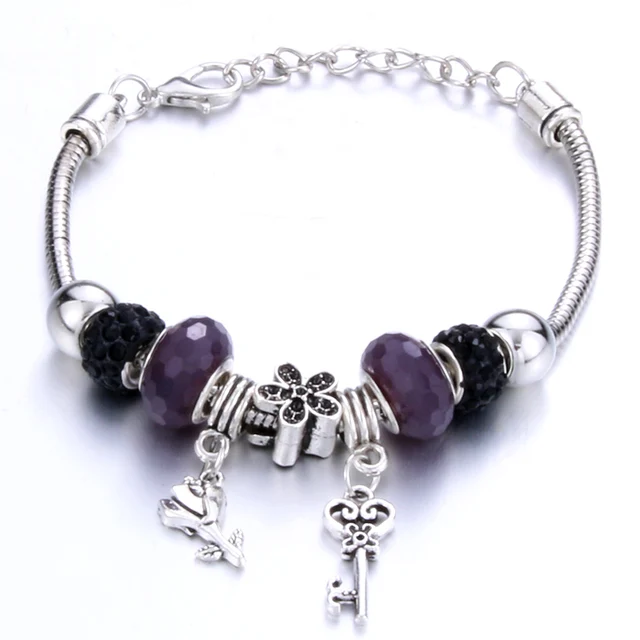Antique Original Crown key lock Shape 6 colors Charm Bracelets For Women Glass Beads Brand Bracelet & Bangle DIY Jewelry Gifts 0016BK