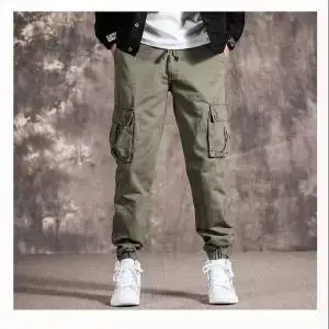 Cargo Pants Men Polyester Comfortable Drawstring Joggers Trousers Black White Many Pockets Ankle Banded Male Casual Pants Boys - Цвет: 15