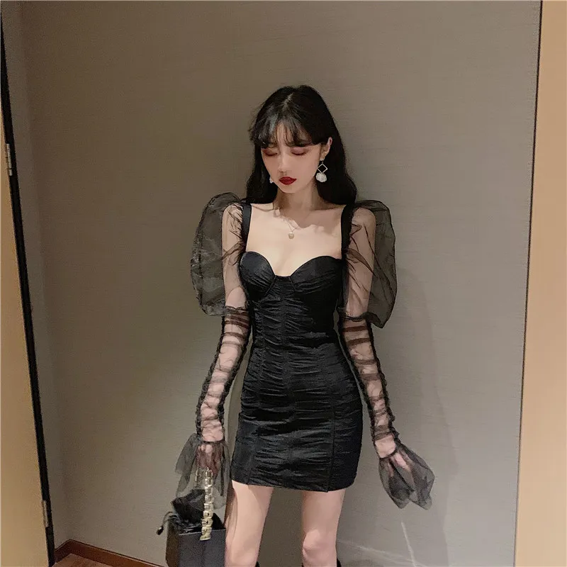 Autumn Mesh Long Sleeve Mini dresses Square Collar Low cut Bodycon