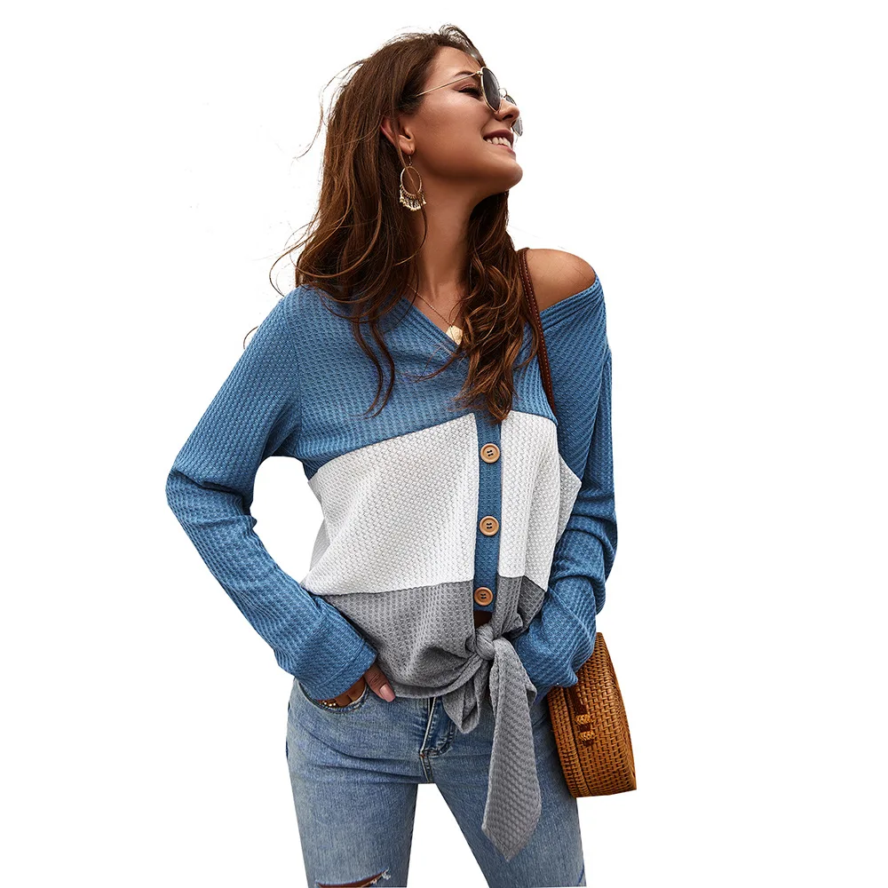 

Long sleeve original innovative sweater autumn and winter V-neck contrast color stitching single-breasted sweaters
