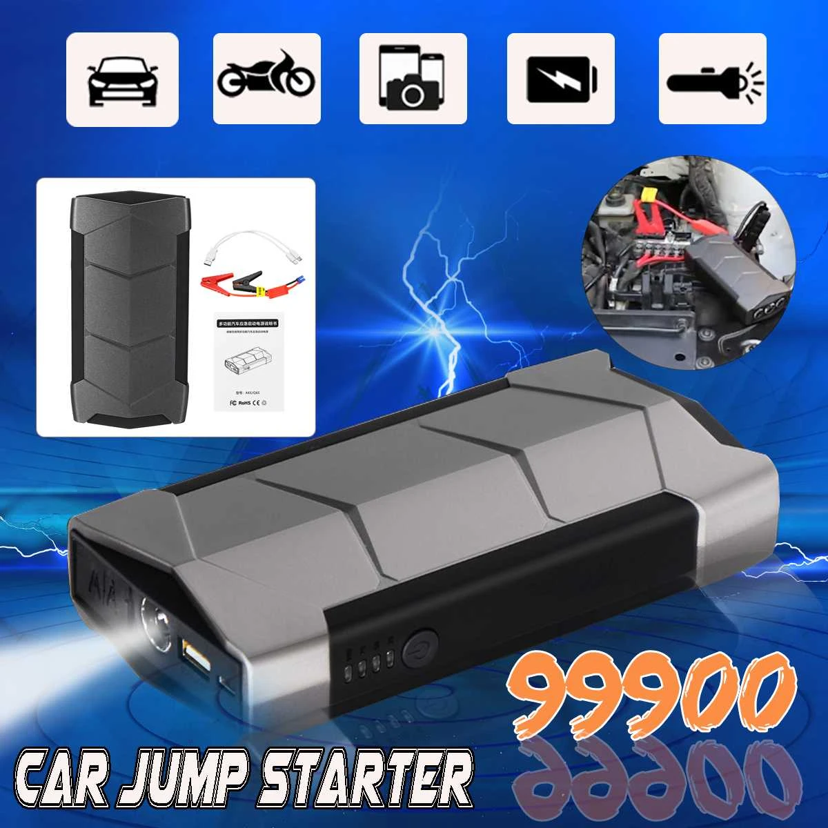 Us In 99900mAh LED Car Jump Starter 2 USB Charger Battery Power Bank Booster 12V 