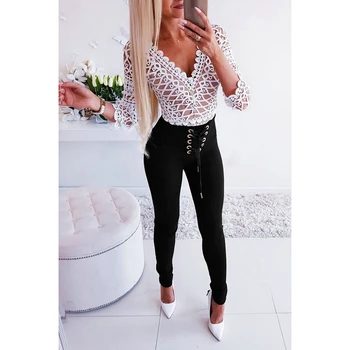 

Sexy Women's High Waist Solid Black color Long Pencil Pants Bandage Button Trousers Slim Women OL Pants