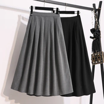 

Japanese Students Style Pleated Skirts Plus Size Women High Waist Long Skirts Black,Dark Grey Midi Saia M-3XL