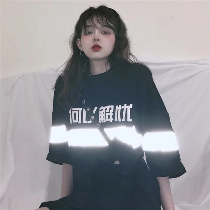 

Hot selling Short-sleeved women 2020 new summer Harajuku style reflective text printing personality shirt Causal loose T-shirt