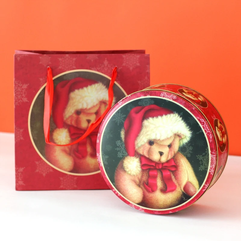 Зимняя жестяная круглая железная коробка для выпечки печенья конфет подарочные коробки вечерние принадлежности для печенья украшения коробки для упаковки подарков - Цвет: scarf bear box