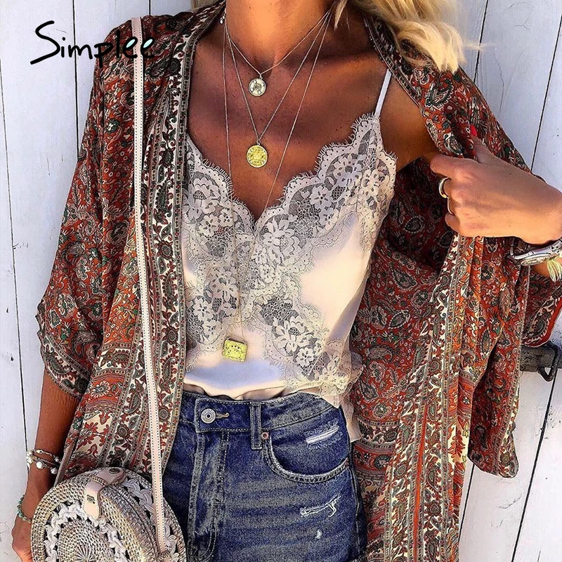 

Simplee Sexy lace embroidery women satin tops Elegant v-neck female casual cami crop tops Solid spaghetti strap ladies tank tops