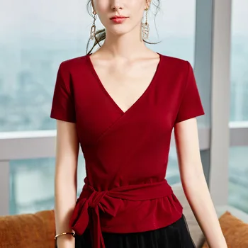 

2020 women Cross v-neck t-shirt female short-sleeved age-reduced foreign bow tie straps waist waist