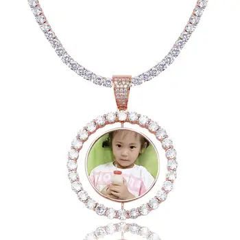 

New Fashion Custom Made Photo Rotating double-sided Medallions Pendant Necklace With Tennis Chain Zircon Men's Hip hop Jewelry