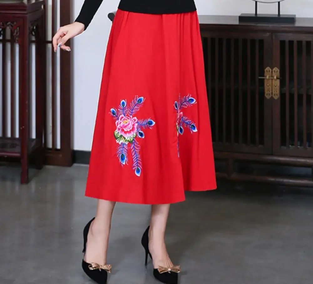 Красный KYQIAO faldas mujer moda этнические юбки женские Осень дизайн Длинная зеленая черная красная юбка миди с вышивкой - Цвет: Красный
