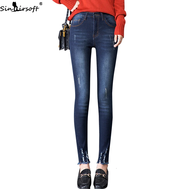

Autumn New Cotton Soft High Elastic Thin Skinny Mid-rise Jeans Women Fashion Wild Hole Small Feet Raw Pencil Trousers