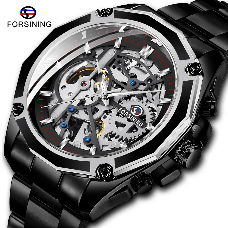 

Fashion FORSINING Men Mechanical Steampunk Design Business Watch Top Brand Stainless Steel Automatic Skeleton Luminous Watch